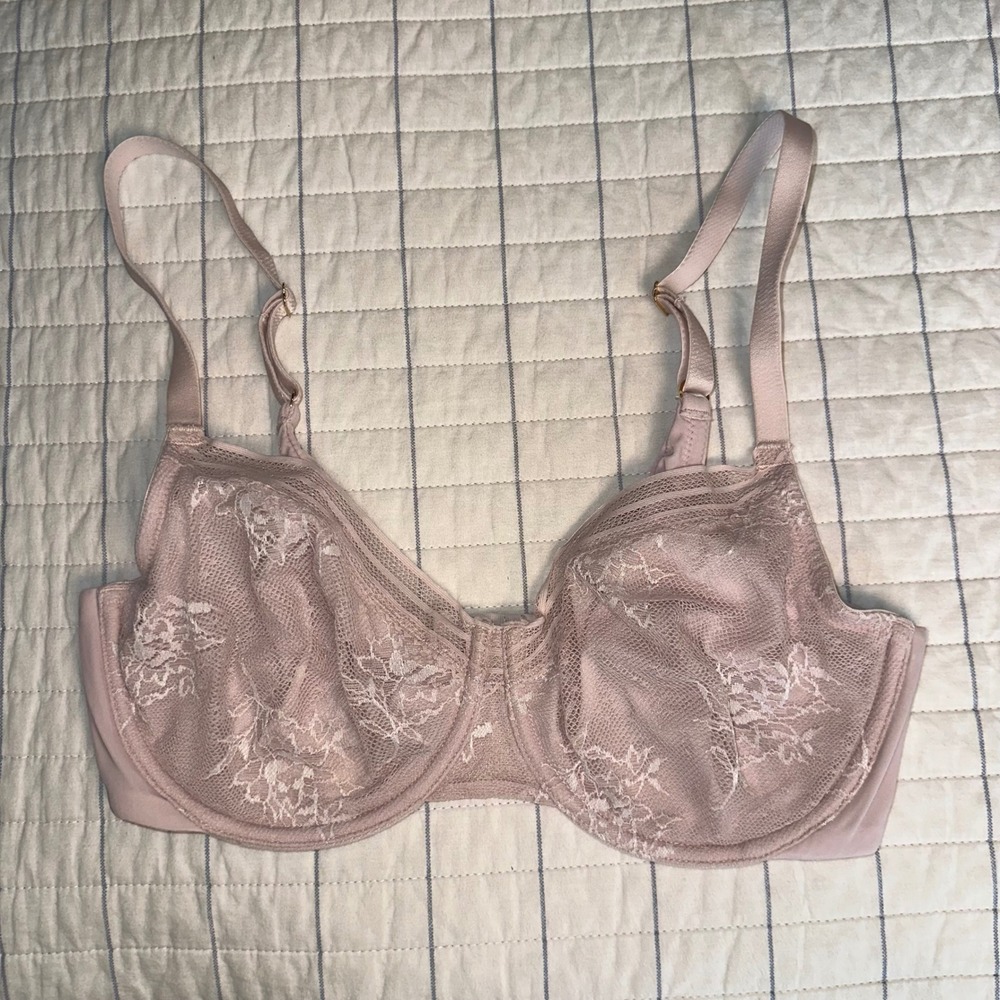Natori Floral Lace Unlined Underwire Bra Mauve 32 D Sheer Mesh Adjustable Straps